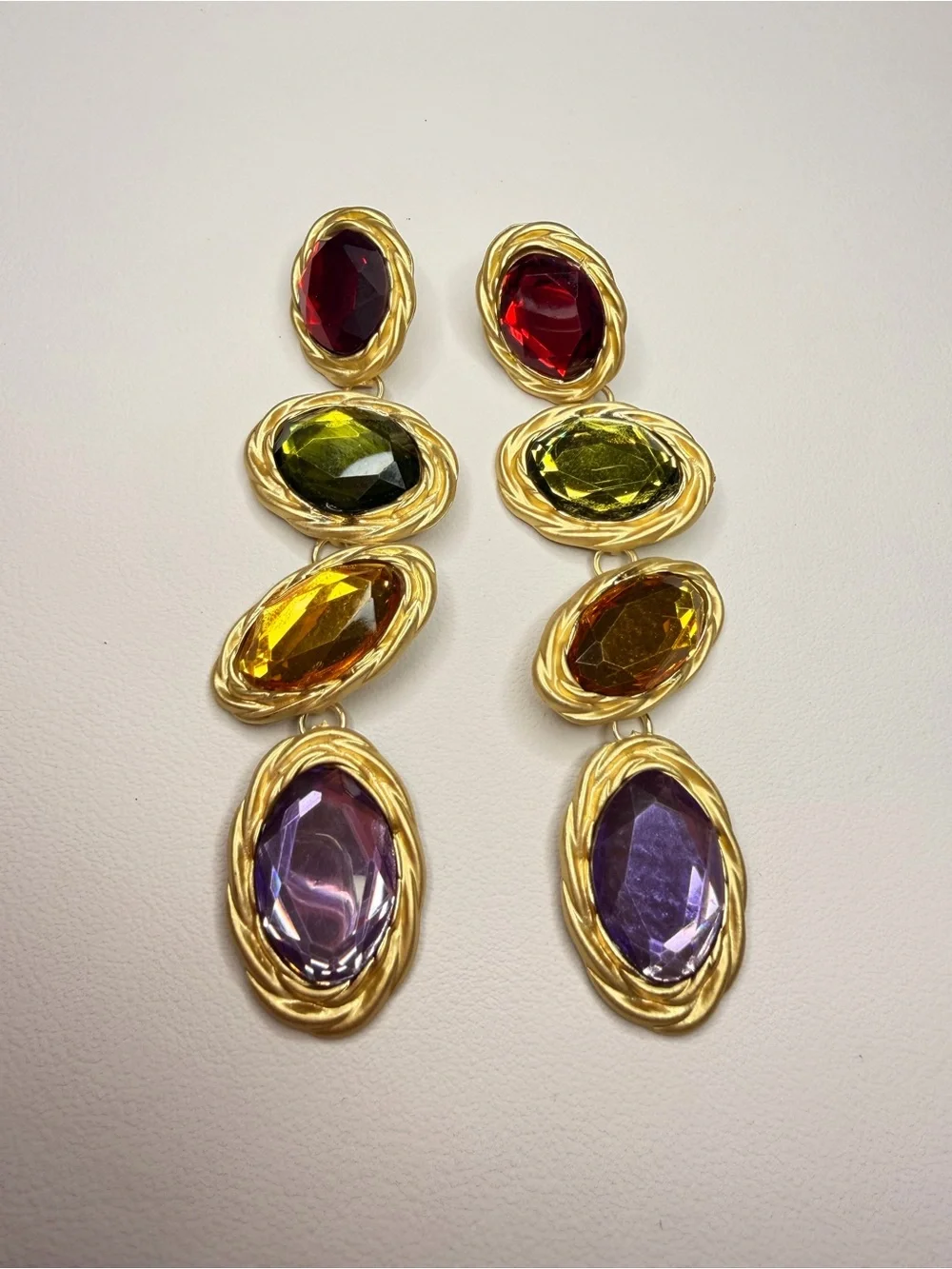 Goldtone Drop Earrings with Red, Yellow, Orange & Purple Stones